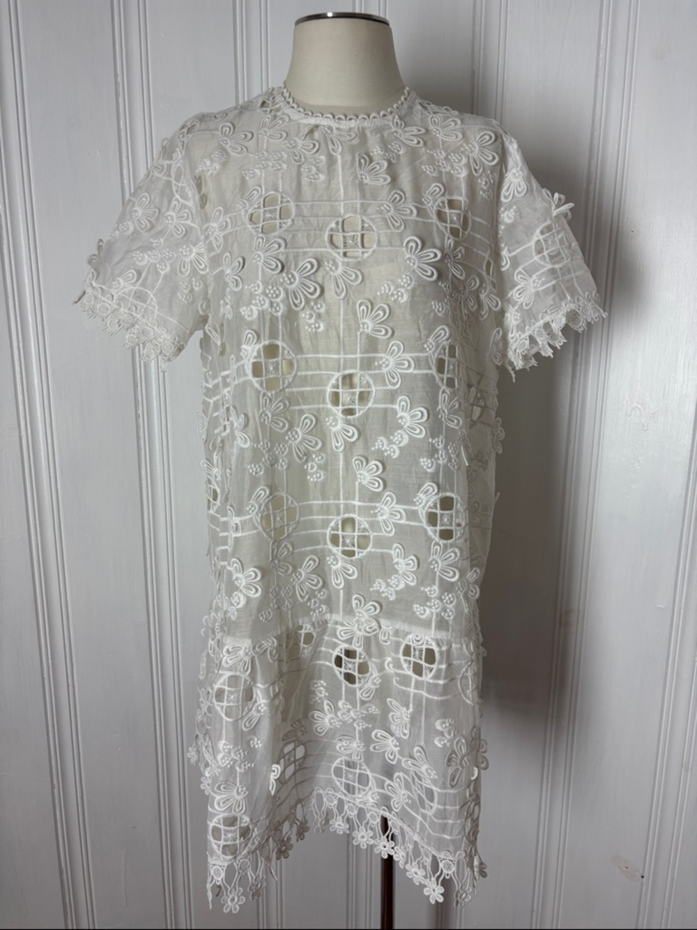 EMC Made in Italy Boho White Sheer Embroidered Lace Cover-Up Dress | Size L/XL